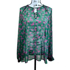 ModCloth Green and Pink women Long sleeve Sheer Blouse size L boho cottage core